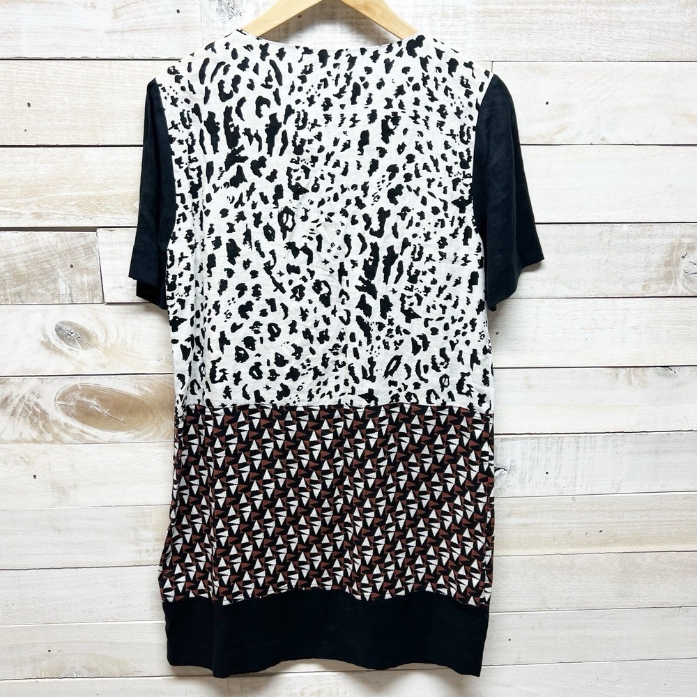 Linen Dress Womens Medium Black Brown Animal Print Boho Sheath Artsy - Picture 6 of 11